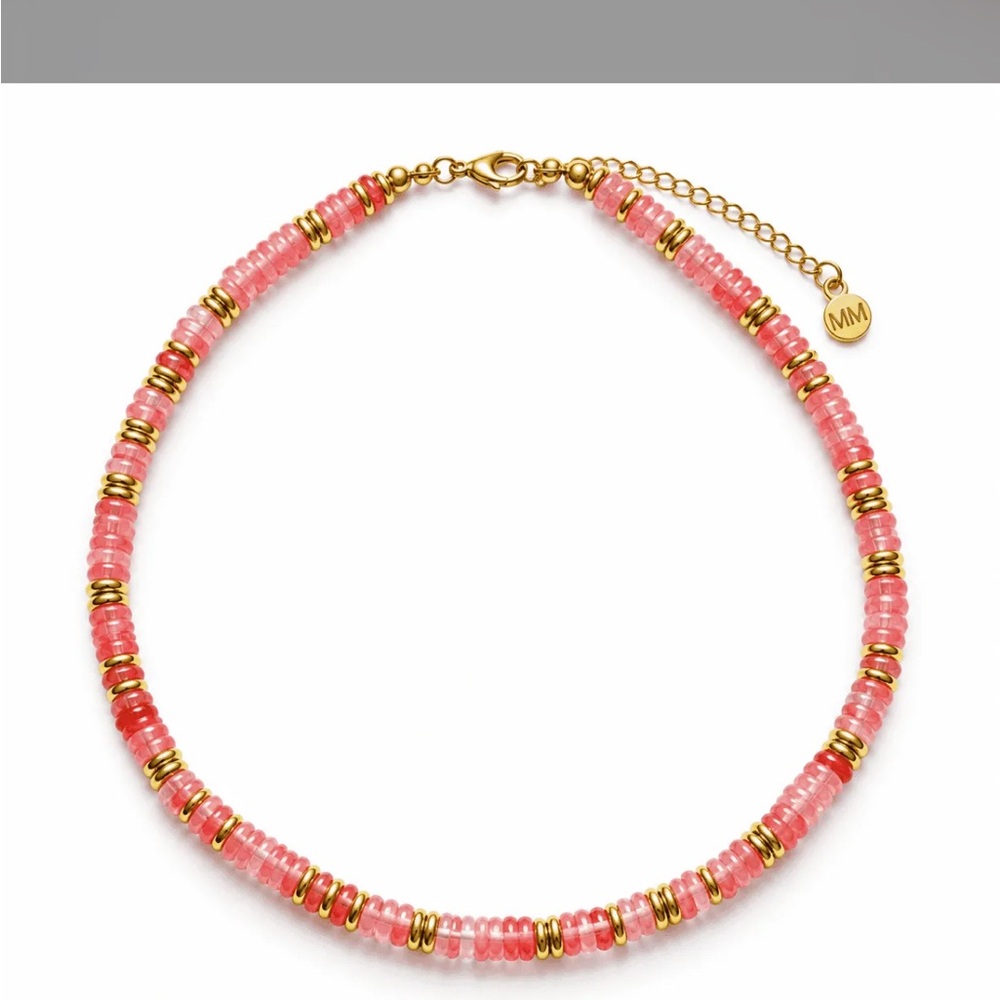 Pink Rose Quartz Natural Stone Beaded Necklace with Gold Accents
